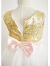 Gold Sequin Ivory Tulle Flower Girl Dress With Pink Bow Sash